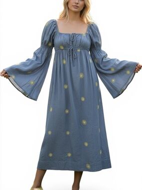 Free People Dress Sz XS Oversized Blue Midi Emory Sun Embroidered Leg Slits